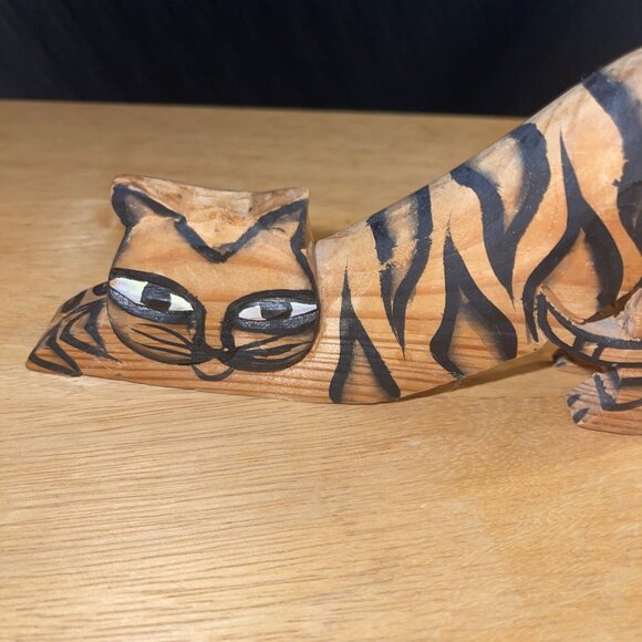 Hand-Carved Wooden Cat Figurines With Tiger Stripes - Picture 7 of 12